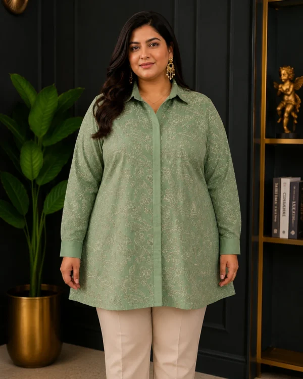 Sage Green Floral Embroidered Shirt