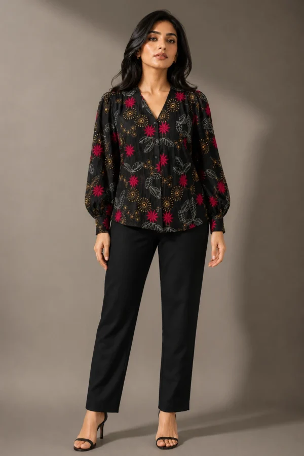 Boho Embroidered Balloon Sleeve Shirt