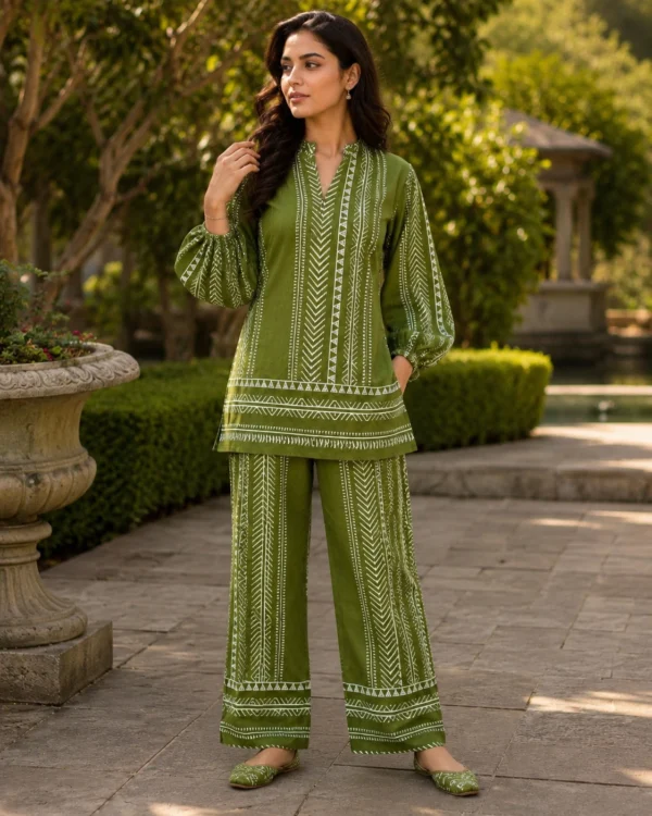 Olive Green Printed Cotton Co-ord Set With Balloon Sleeves