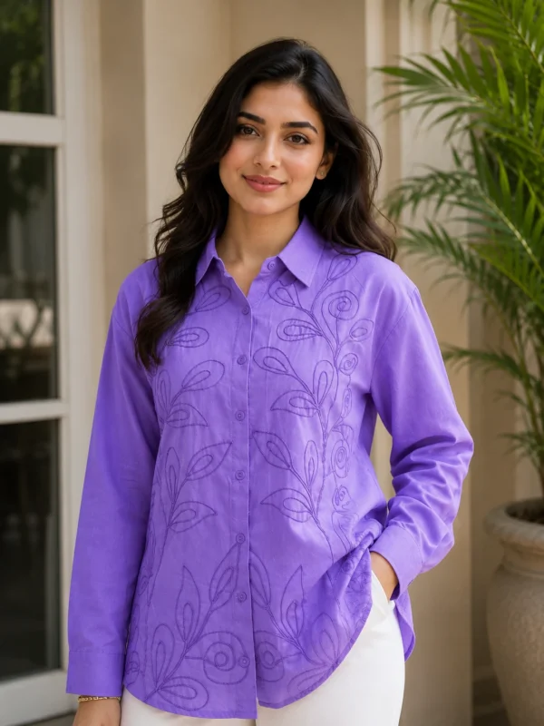 Lavender Botanical Embroidered Cotton Shirt