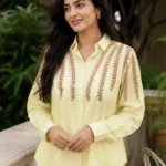 Butter Yellow Leaf Embroidered Cotton Shirt