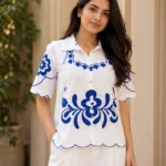 White & Royal Blue Floral Embroidered Cotton Shirt