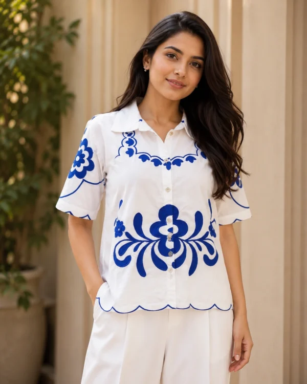 White & Royal Blue Floral Embroidered Cotton Shirt