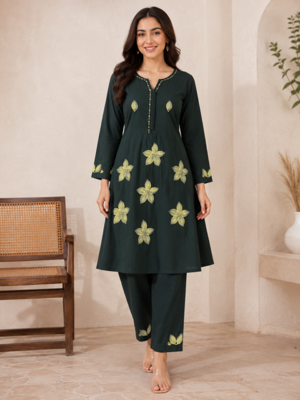 Forest Fleur Two-Piece Hand Painted Flower Kurta Set