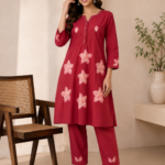 Rich Rust Two-Piece Hand Painted Flower Kurta Set