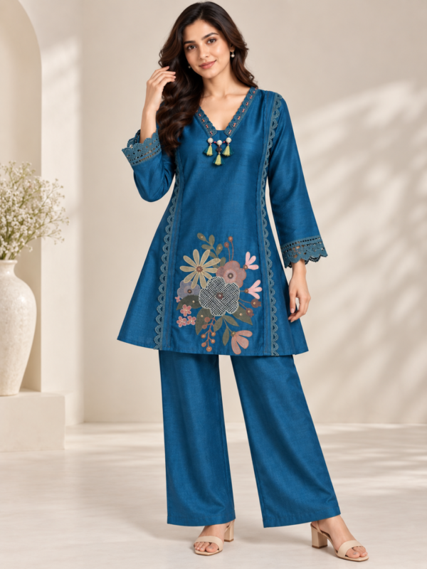 Teal Blue Floral Embroiderd Co-ord Set