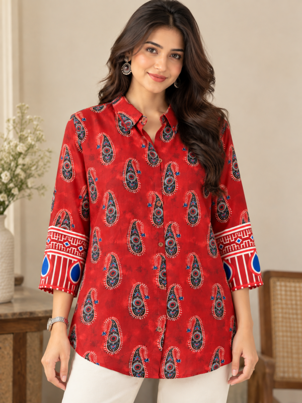 Marron Paisley Printed Crepe Shirt