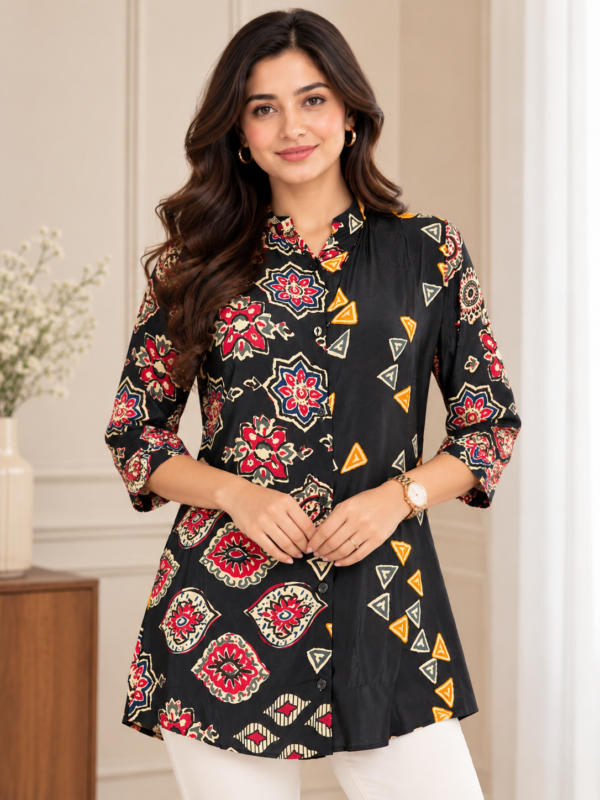 Black Floral Mosaic Crepe Shirt