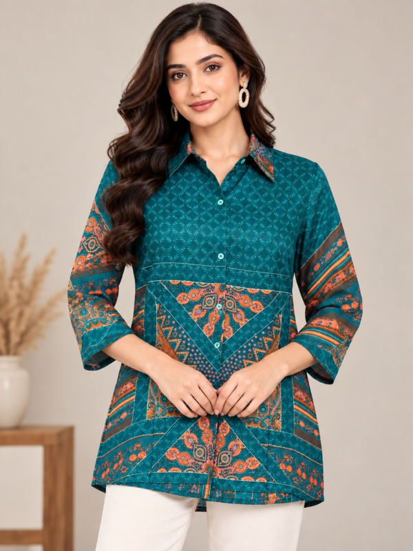 Teal Patchwork Printed Crepe Shirt