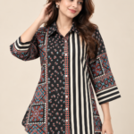 Black Artistic Print Indo-Western Pure Crepe Shirt