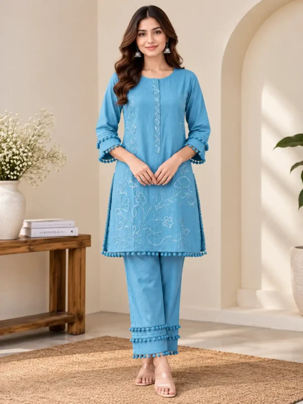 Sky- Blue Floral Embroidered Co-ord Set With Pom-Pom Detail